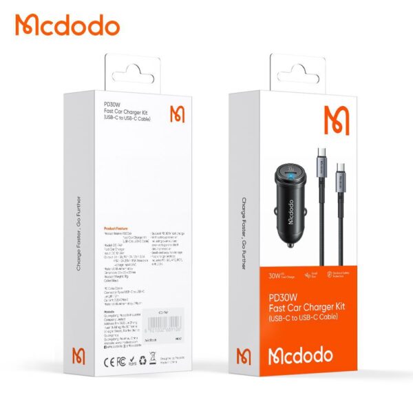 شارژر فندکی 30 وات مک دودو مدل MCDODO CC-7493 بهمراه کابل شارژ