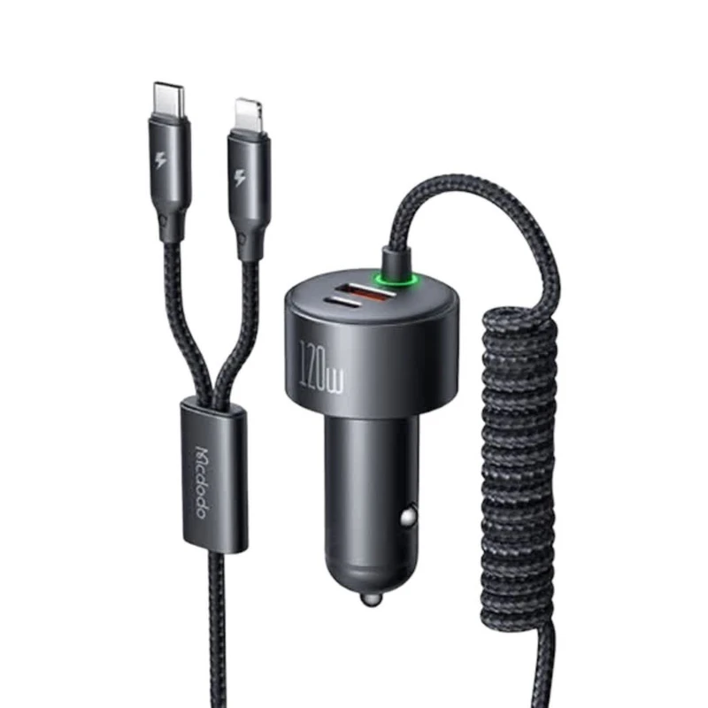 شارژر فندکی120 وات مک دودو مدل cc-0370 به همراه کابل USB-C/لایتنینگ